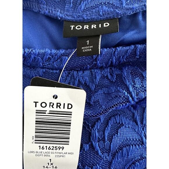 New Torrid Plus Electric Blue Lace Short Sleeve Fit & Flare Midi Dress Only Sz 1 - Picture 7 of 9